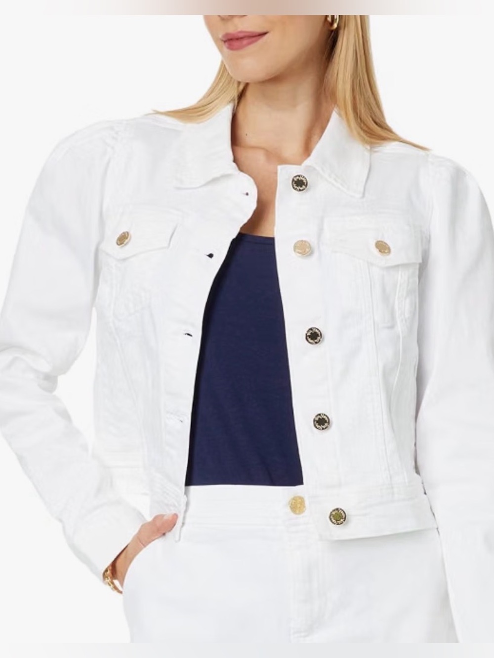 Lilly Pulitzer Laylani Denim Jacket Cropped Resort White Gold Buttons Size S